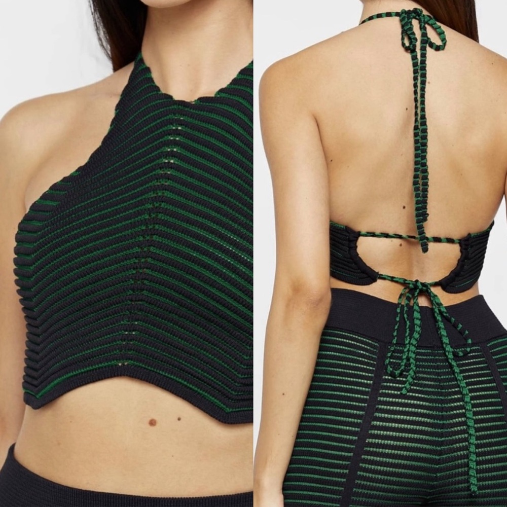 NWT Maniere De Voir Contour Knit Halter Top in Green/Black M